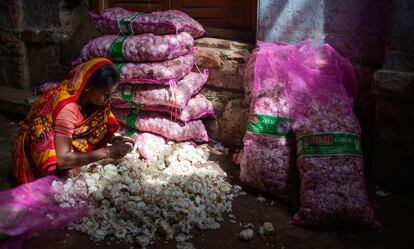 Una mujer pela ajos en un mercado mayorista de hortalizas en Shyam Bazar en Dhaka, Bangladesh, a finales de 2020.