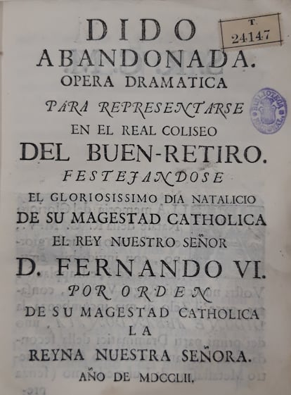 Portada del libreto de la ópera 'Didone abbandonata' de Baldassare Galuppi, representada en Madrid en 1752.