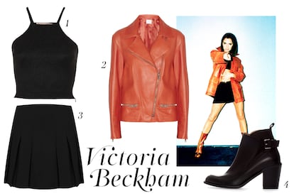 Más 'Spice' que pija, Victoria Beckham: 1. Top negro de Topshop (16 euros). 2. Biker de cuero naranja de Richard Nicoll (1,791 euros). 3. Falda negra de Topshop (32 euros). 4. Botín negro de Zara (59,95 euros).