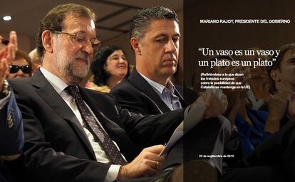 El presidente del Gobierno, Mariano Rajoy, y el candidato del PP a la Generalitat de Cataluña, Xavier García Albiol, durante el mitin celebrado en Girona el pasado 23 de septiembre.