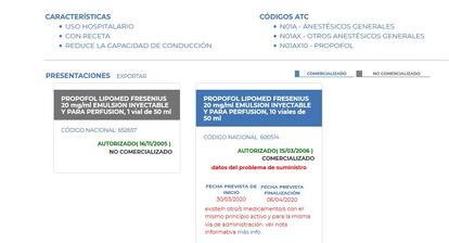 Captura de la web de la AEMPS donde se aprecia el desabastecimiento de algunos fármacos muy usados en las UCI.