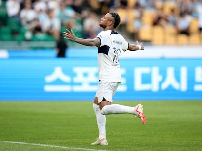 Paris St Germain's Neymar celebrates scoring a goal on August 3, 2023.