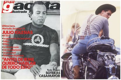 Julio Iglesias con una camiseta Amarras (la marca de ropa que llevaban los que tenían yate -o lo deseaban-) en la portada de una revista de los ochenta. A la derecha, una imagen de la campaña publicitaria de vaqueros El Charro, con la mítica rosa en su logotipo.