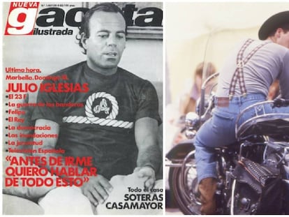 Julio Iglesias con una camiseta Amarras (la marca de ropa que llevaban los que tenían yate -o lo deseaban-) en la portada de una revista de los ochenta. A la derecha, una imagen de la campaña publicitaria de vaqueros El Charro, con la mítica rosa en su logotipo.
