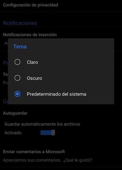 Elegir Modo oscuro en Word para Android