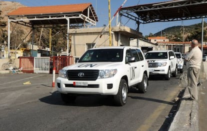El convoy de inspectores, en L&iacute;bano, antes de dirigirse a Damasco. 
