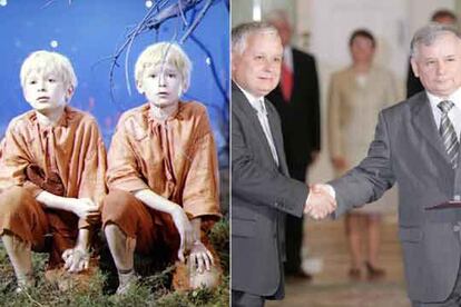 Lech (izquierda) y Jaroslaw Kaczynski, en la película <i>Dos que robaron la luna</i> (1962), y en la investidura de Lech (izquierda), en julio en Varsovia.