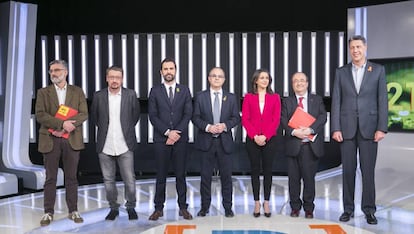 Riera (CUP), Doménech (Catalunya en Comú), Torrent (ERC), Turull (Junts per Catalunya), Arrimadas (Ciutadans), Iceta (PSC) y García Albiol (PP), durante el debate en TVE.