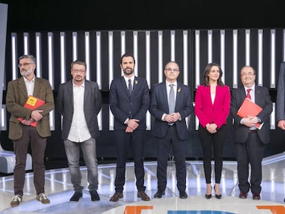 Riera (CUP), Doménech (Catalunya en Comú), Torrent (ERC), Turull (Junts per Catalunya), Arrimadas (Ciutadans), Iceta (PSC) y García Albiol (PP), durante el debate en TVE.