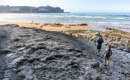 Huellas de dinosaurio en la playa de la Griega, en Colunga (Asturias). 