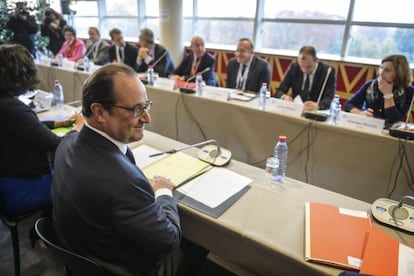 François Hollande en la Conferencia de empleo hoy en París.