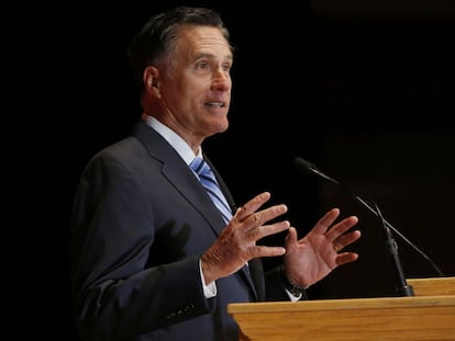 El pol&iacute;tico republicano Mitt Romney durante su discurso este jueves.