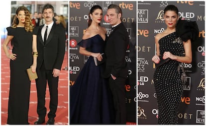 Juana Acosta ha demostrado ser una de las actrices más elegantes de los Goya año tras año. En 2012, acertó de pleno con un vestido negro del diseñador Paco Rabanne. En la primera imagen, junto a su entonces marido el actor Ernesto Alterio. Para 2018 optó por un vestido azul de Pedro del Hierro que lució con una coleta retro (en el centro de la imagen) y el año pasado sorprendió con un vestido joya de Dolce & Gabbana asimétrico con un bolso de Carolina Herrera.
