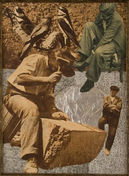 'Cantero, trabajadores y pájaros', 1934. 22x16 cm. Collage sobre papel.