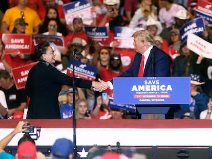 Donald Trump, at a campaign event with Harriet Hageman in Casper, Wyoming.
