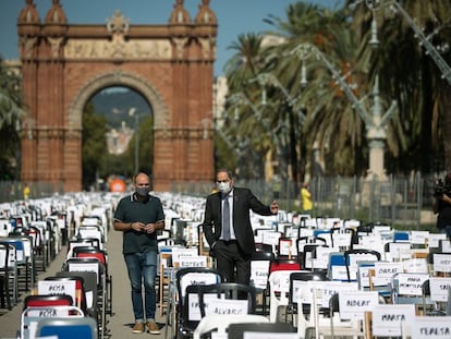 Catalan premier Quim Torra (r) at an event in Barcelona for Catalonia Day.