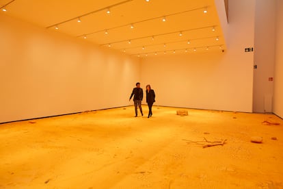 El artista portugués Carlos Bunga pasea junto a la directora del Museo de Arte Contemporáneo Helga de Alvear de Cáceres, Sandra Guimarães, por la exposición 'Performar la naturaleza'. 


