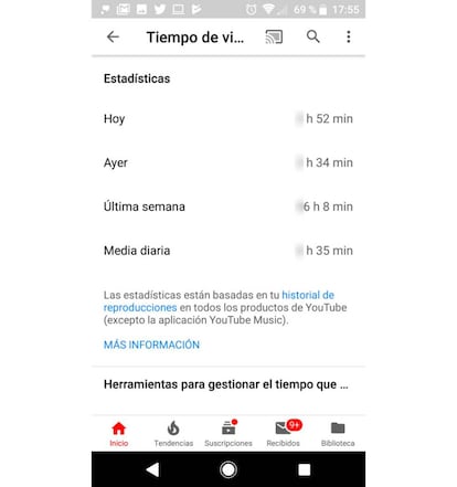 Desde este menú podemos conocer las horas que pasamos pegados a los vídeos de YouTube