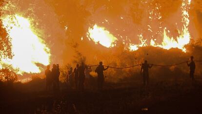 Residentes y voluntarios observan el avance del incendio en una zona forestal cerca del pueblo de Kamatriades en Evia (Grecia). 