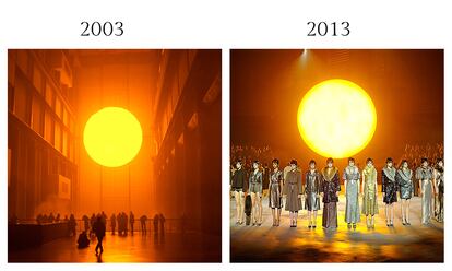 Una de las exposiciones ms recordadas de la sala de turbinas de la Tate Modern de Londres fue el sol artificial de Olafur Eliasson, con su instalacin The Weather Project en 2003. Marc Jacobs rindi homenaje al artista en su desfile de oto?o invierno de 2013, donde las modelos realizaron su particular (y comnmente conocido como) camino de la vergenza.