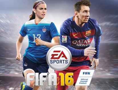 Portada del videojuego FIFA 16, con Alex Morgan y Leo Messi.