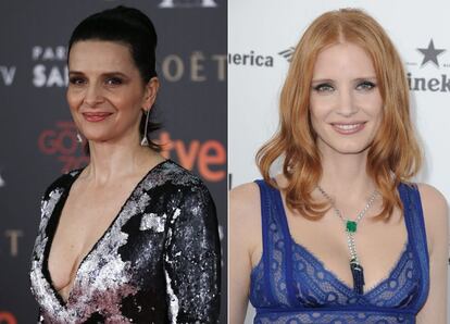 Las actrices Juliette Binoche y, a la derecha, Jessica Chastain.