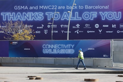 Cartel del Mobile World Congress (MWC), en la Fira de Barcelona.