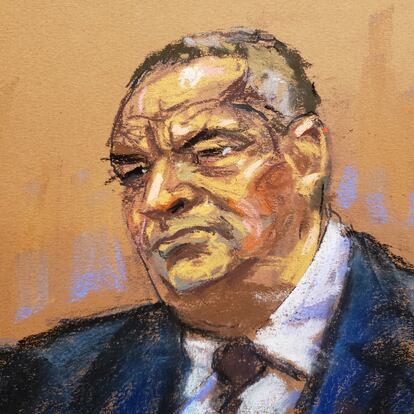 "El grande" testifies during the trial of Mexico's former Public Security Minister Genaro Garcia Luna on charges that he accepted millions of dollars to protect the powerful Sinaloa Cartel, once run by imprisoned drug lord Joaquin "El Chapo" Guzman, at a courthouse in New York City, U.S., January 23, 2023 in this courtroom sketch. REUTERS/Jane Rosenberg