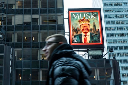 A screen shows a picture of Elon Musk, senior advisor to U.S. President Donald Trump, in Times Square on March 20, 2025 in New York City