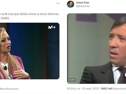 Capturas de pantalla de dos ejemplos de vídeos colgados en X donde Belén Esteban y El Fary son doblados automáticamente al inglés.