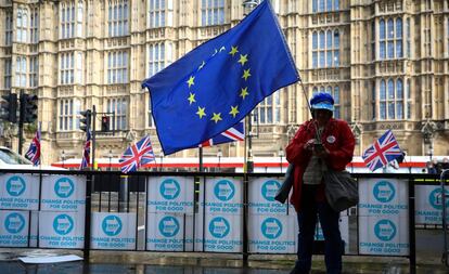 Manifestante en contra del Brexit frente al Parlamento en Londres, este jueves.