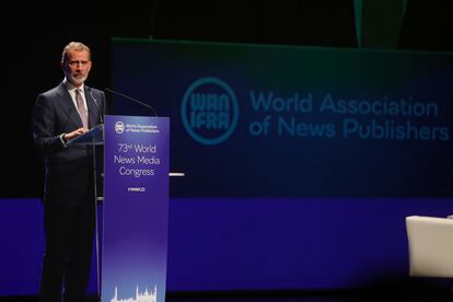 El rey Felipe VI, durante su discurso en el Congreso Mundial de Medios de Comunicación.