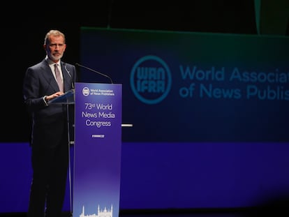 El rey Felipe VI, durante su discurso en el Congreso Mundial de Medios de Comunicación.