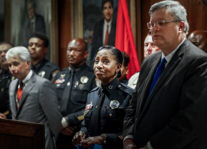 Memphis Police Director Cerelyn "CJ" Davis, center, at a news conference on Thursday.