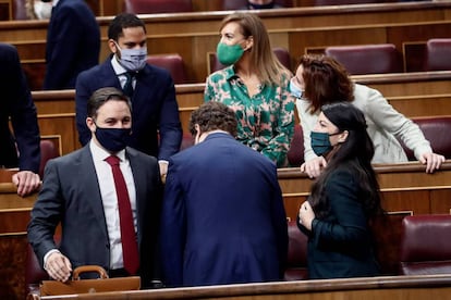 El líder de Vox, Santiago Abascal (a la izquierda, en primer término), toma asiento junto al resto de diputados del partido, este miércoles en el Congreso de los Diputados.