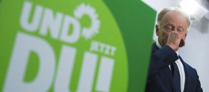 El cabeza de lista de Los Verdes, Jürgen Trittin, en una rueda de prensa.