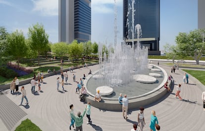 Recreación digital del futuro Parque Castellana, junto a las cinco torres, cedida por el Ayuntamiento de Madrid.