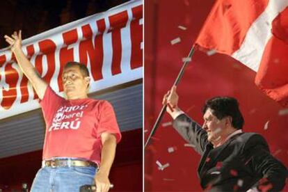 A la izquierda, el nacionalista Ollanta Humala en el acto que cerró su campaña, en Cuzco. A la derecha, el socialista Alan García, en Lima, durante su mitin final.