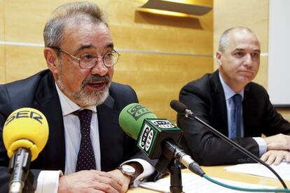 El presidente de Feria Valencia, Jos&eacute; Vicente Gonz&aacute;lez, y Enrique Soto, director general de la instituci&oacute;n, durante la presentaci&oacute;n de los datos.