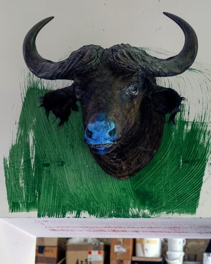 Cabeza de búfalo en el estudio del barrio del Marais, en París, en 2022.