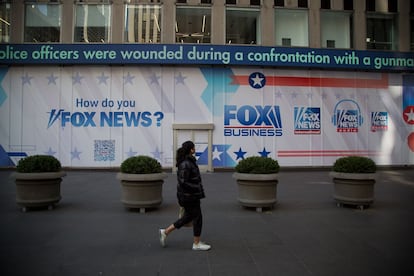 An advertisement for Fox News outside the News Corp. building in New York, US, on Thursday, March 9, 2023.