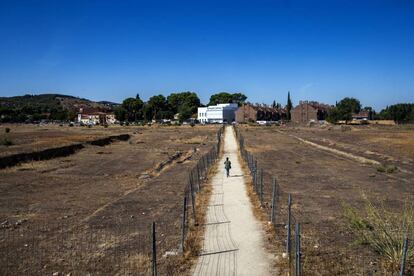 A woman walks on the path that cuts through the Vega Baja archaeological site.