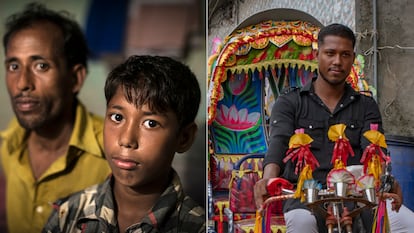 Rakib Mridha, a la izquierda, en casa con su padre enfermo en 2015. Hoy, en la imagen de la dercha, es conductor de ‘rickshaw’, el mismo oficio que tenía su padre en 2015.