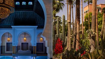A la izquierda, la mítica piscina interior de La Mamounia con su cama central, probablemente uno de los sitios más instagrameables del lujo global. A la derecha, los míticos jardines del hotel marroquí.