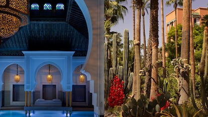 A la izquierda, la mítica piscina interior de La Mamounia con su cama central, probablemente uno de los sitios más instagrameables del lujo global. A la derecha, los míticos jardines del hotel marroquí.