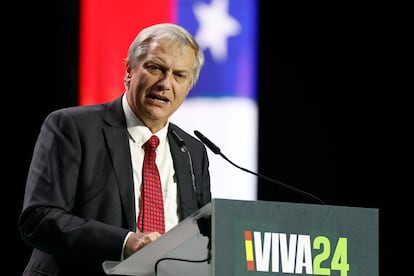 José Antonio Kast durante su intervención en la convención política de Vox 'Europa Viva 24', en Madrid, el pasado 19 de mayo.