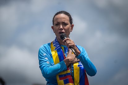 María Corina Machado habla a simpatizantes en Maturín (Venezuela), en julio de 2024.