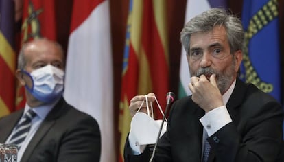 El president del Consell General del Poder Judicial, Carlos Lesmes, durant l'acte amb la nova promoció de jutges al qual no ha assistit el Rei. 