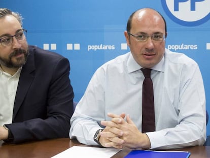 El presidente de Murcia, Pedro Antonio S&aacute;nchez, este lunes en la sede del PP en Murcia. 