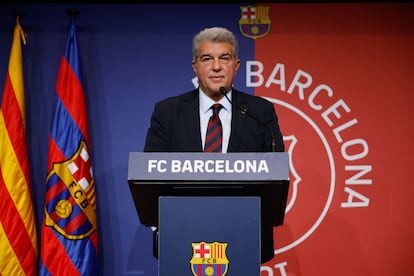 El presidente del FC Barcelona, Joan Laporta, en un discurso el pasado 17 de diciembre.